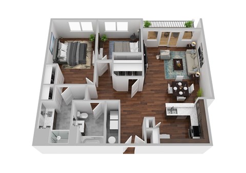 Floor plan for 2 beds, 2 baths, 1033 sqft